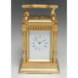 A substantial late 19th century gilt brass repeater carriage clock, 7cm rectangular enamel dial