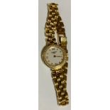 Longines - a lady's diamond encrusted 18ct gold bracelet wristwatch, mother of pearl dial, Roman