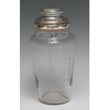 An Art Deco E.P.N.S mounted cocktail shaker, push-fitting bun shaped top, the side etched with