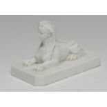 A Meissen Blanc de Chine model, of an Egyptian sphinx, canted rectangular base, 7cm high, 10cm long,