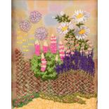 Toyne Needlework Collection - a 20th century needlework, embroidered in wool and cotton with lupins,