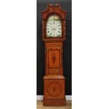 A Victorian oak and marquetry longcase clock, 35cm arched painted dial inscribed Geo Keates,