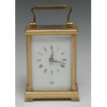 A lacquered brass carriage timepiece, the 6.5cm rectangular enamel clock dial inscribed Dent,