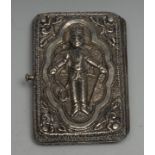 An Indian silver rounded rectangular cigarette case, chased with figues within shaped reserves,