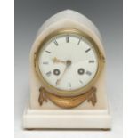 A 19th century gilt metal mounted white marble lancet shaped mantel clock, 9cm convex enamel dial