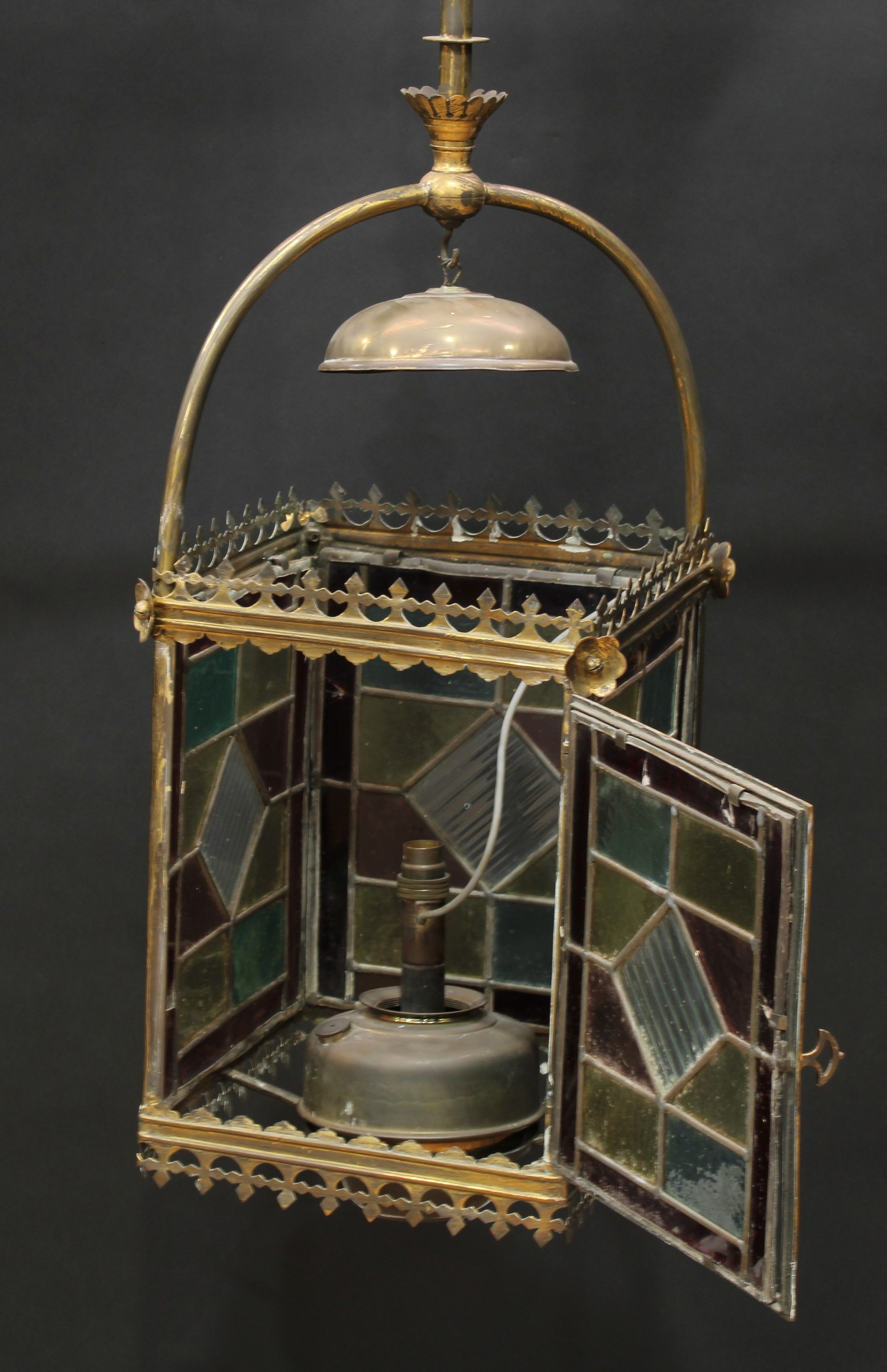 A Reformed Gothic lacquered brass and stained glass ceiling lantern, the leaded glass panels crested - Image 2 of 3