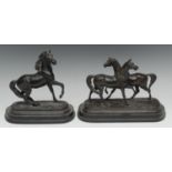A bronzed equestrian group, after the 19th century animalier, with a pair of horses, to left and