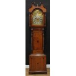 A Victorian oak longcase clock, 33cm arched brass dial, Strike/Silent to arch, silvered chapter