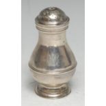 A George II silver baluster muffineer, 9.5cm high, George Greenhill Jones, London 1739