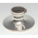 A George V silver, tortoiseshell and pique capstan inkwell, hinged cover inlaid in the Neo-Classical