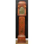 A George II Japanned longcase clock, 31cm arched brass dial inscribed with Roman numerals, sun-in-