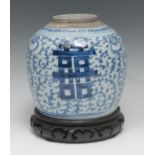 A Chinese ovoid ginger jar, painted in tones of underglaze blue with double happiness, peonies and