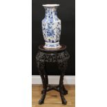 A Chinese padouk wood jardiniere stand, circular beaded top with inset soapstone panel, above a deep