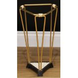 An Art Deco brass and cast iron canted triform walking stick stand, 44cm high, 25.5cm wide, mid-20th