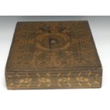 A Chinese export lacquer rectangular games box, decorated in gilt with leaves and bands of motifs,