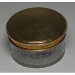 A French silver-gilt and engraved crystal circular dressing box, screw-fitting cover, 9cm diam,