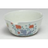 A Chinese wucai bowl, painted in polychrome with chickens and flowers, 8.5cm diam, six character