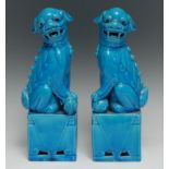 A pair of Chinese turquoise temple dogs, monochrome turquoise glaze, 26cm high, impressed 213