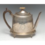 A George III Neoclassical silver navette-shaped teapot, engraved with a garland of laurels,