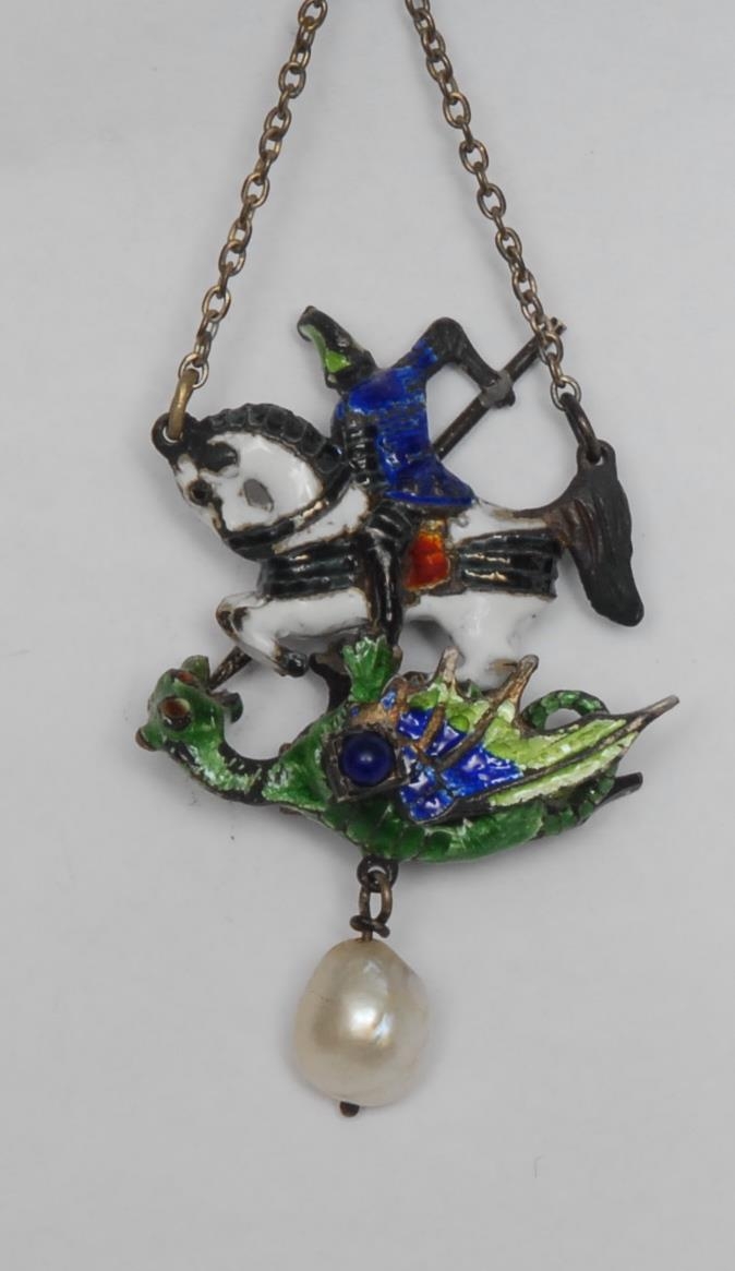 A Continental enamel and silver coloured metal pendant, as St George and the Dragon, Baroque pearl