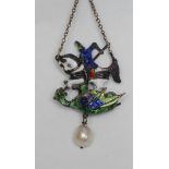 A Continental enamel and silver coloured metal pendant, as St George and the Dragon, Baroque pearl