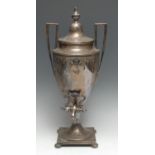 An Adam Revival E.P.N.S ovoid samovar, lofty domed cover, angular scroll handles, bright-cut