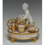A French Empire porcelain figural inkwell, probably Paris, modelled as a Bacchic putto by a wheel