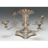 A Regency Old Sheffield Plate table centrepiece, the broad central epergne stand above four