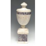 A Neo-Classical design white marble and amethyst quartz table urn, turned socle, square plinth, 47cm