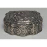 A Continental silver commode shaped snuff box, hinged cover, chased with a courting couple in the