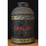 Advertising - a late 19th century black toleware canister and cover, of cylindrical form, painted