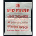 WW2 British Defence of the Realm Poster. Size 378mm x 453mm. Unissued condition. Rare poster.