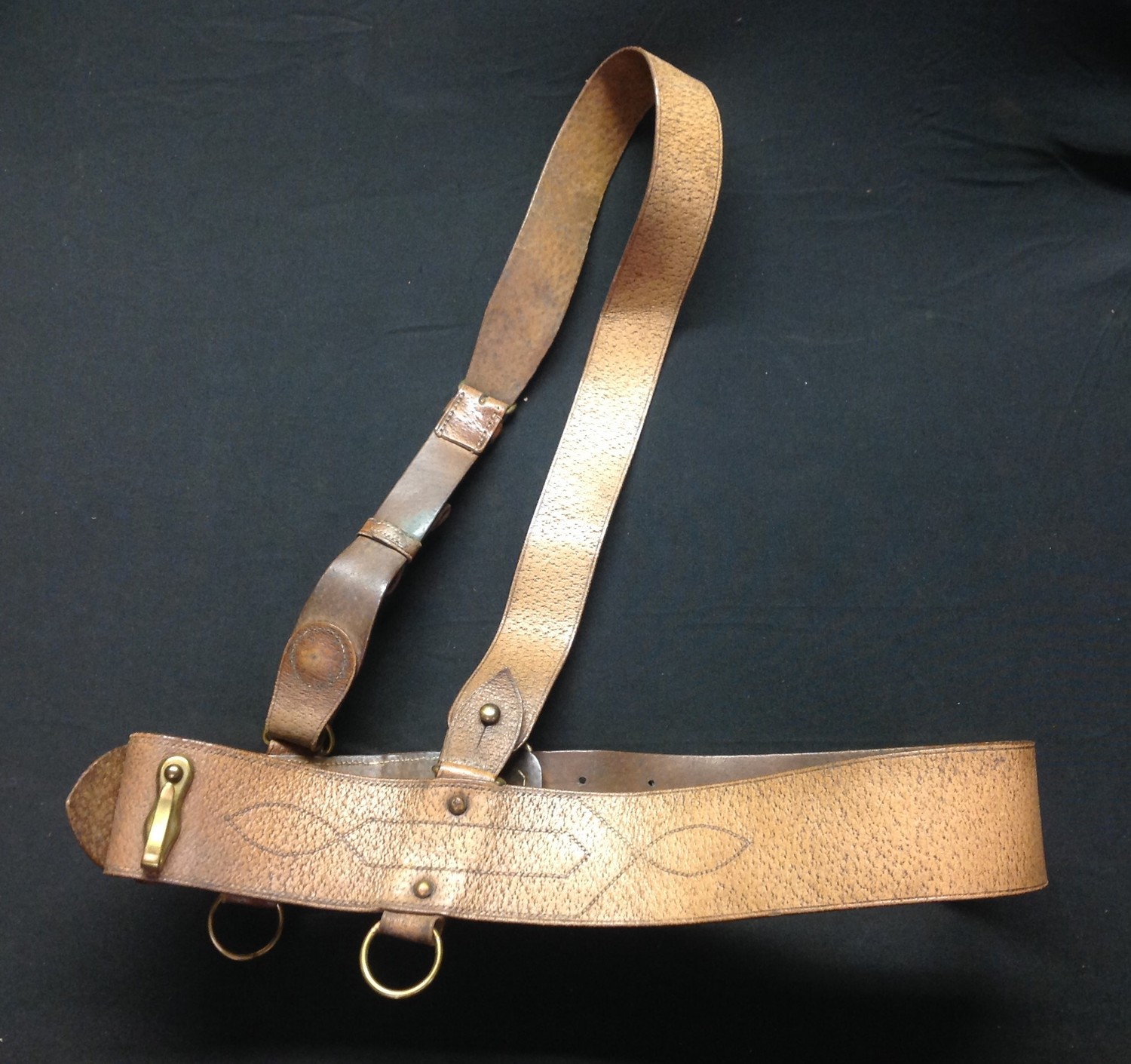 WW2 British Officers Sam Brown leather belt and cross strap. Has a gilt impressed makers mark for " - Image 2 of 3