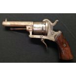 Belgian made Pinfire Revolver with 73mm long octagonal barrel. Bore approx 7mm. Cylinder marked "The