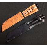 US Ka-Bar Fighting Knife with fullered Bowie type blade with non reflective black finish marked "