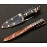 Two hunting knives: one with single edged blade 115mm in length, Sheffield maker marked, wooden