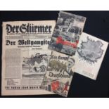 WW2 Third Reich paperwork collection to include four items: A rare copy of "Der Sturmer" newspaper