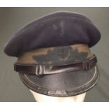 WW2 Third Reich cap in navy blue wool. No insignia. Cotton cap band. Ersatz leather chinstrap.