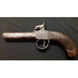 Percussion cap pistol with 71mm long barrel with approx 10mm bore. Hammer will hold at both full and