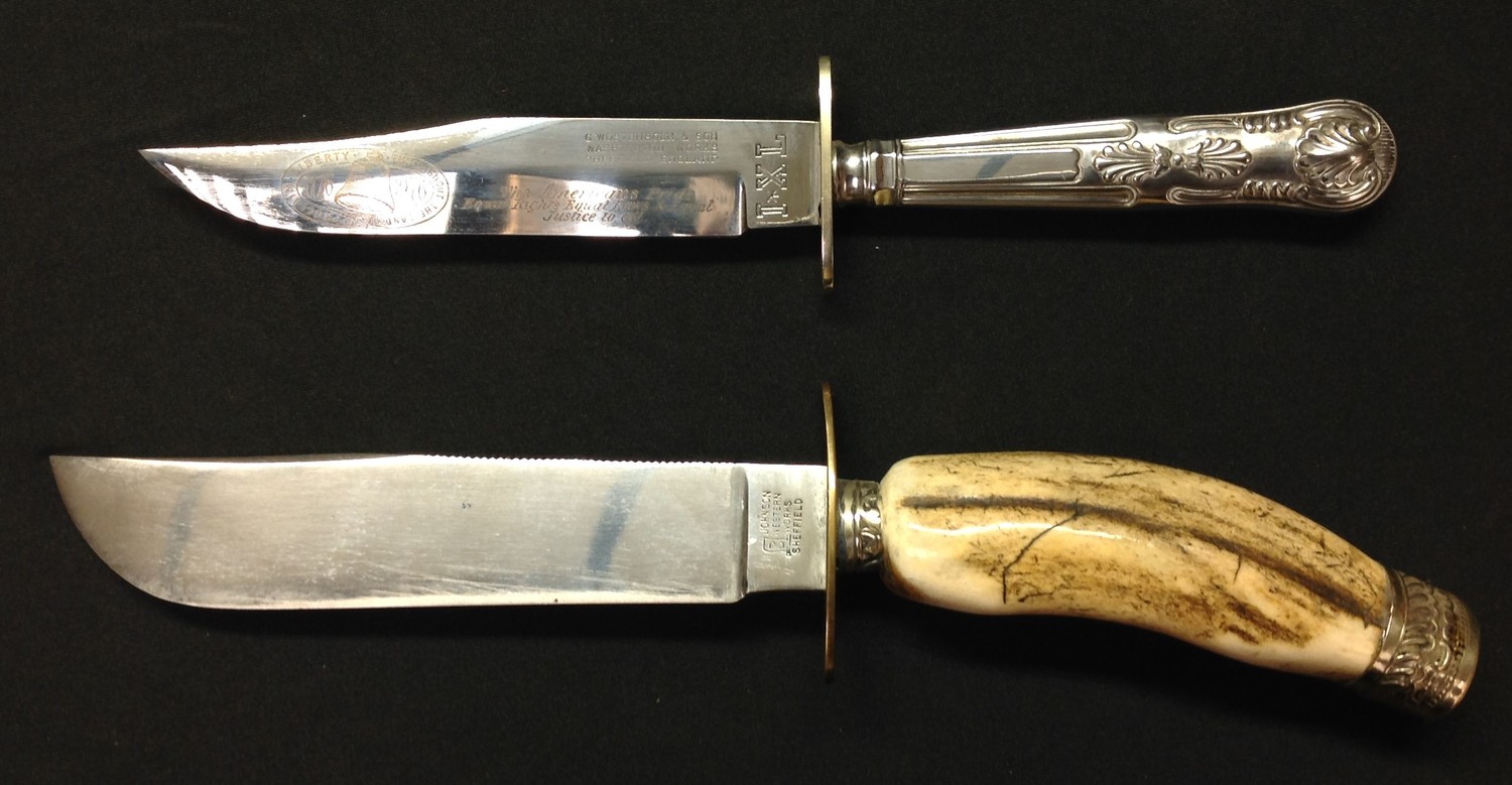 Pair of Bowie knives: 155mm long blade maker marked to ricasso "Johnson Western Works, Sheffield".