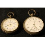 A lady's silver open faced pocket watch, J. Myers & Co., Swiss Made, marked 935; another, Birmingham