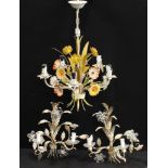 A five branch electrolier modelled as a bouquet of flowers; a similar pair of wall sconces