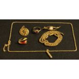 A 9ct gold diamond and ruby flower head cluster ring, 2.17g; an unmarked necklace chain, probably