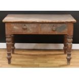 A Victorian pine country house kitchen side or serving table, 78cm high, 122cm wide, 68cm deep, c.