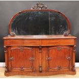 A Victorian mahogany large chiffonier or sideboard, shaped mirror back half-gallery, the frame