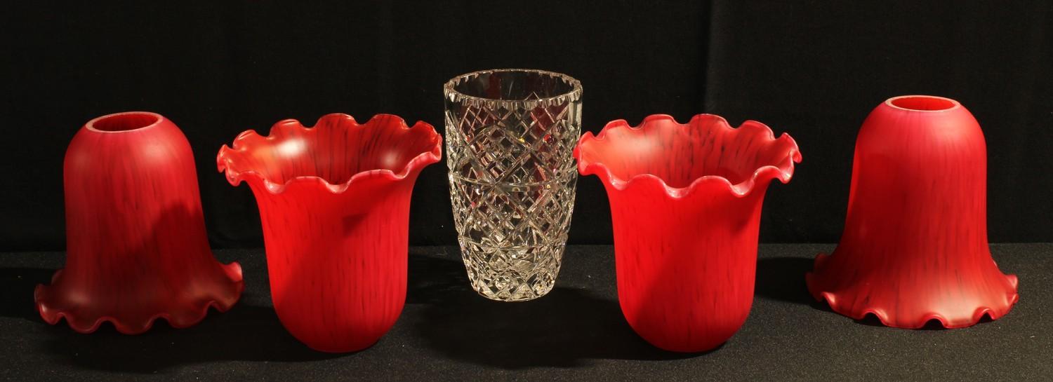 Four Christopher Wray red glass light shades; a cut glass vase (5)