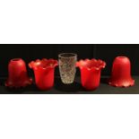 Four Christopher Wray red glass light shades; a cut glass vase (5)