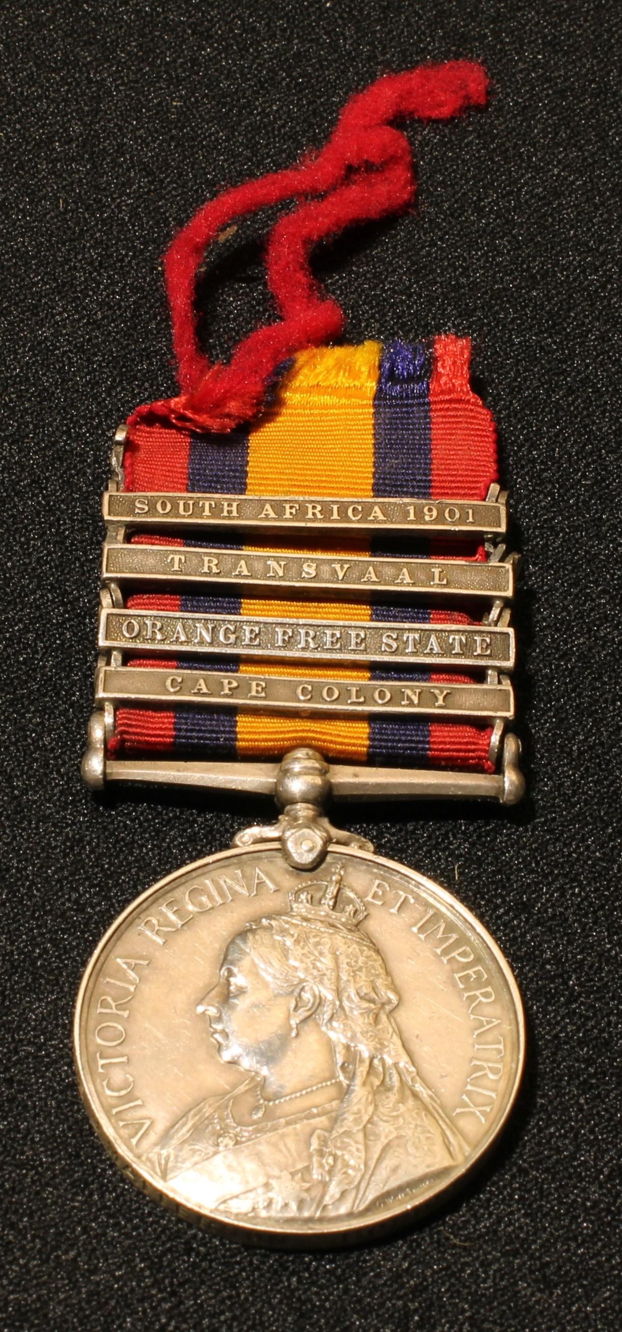 A Queens South Africa medal, four bars, possibly renamed, Pte J Matterson, Border Regiment