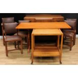 A composed oak dining suite, comprising dining table, 75cm high, 144.5cm long, 76cm wide, dining