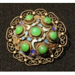 A Chinese filigree silver brooch, set with enamel and jade